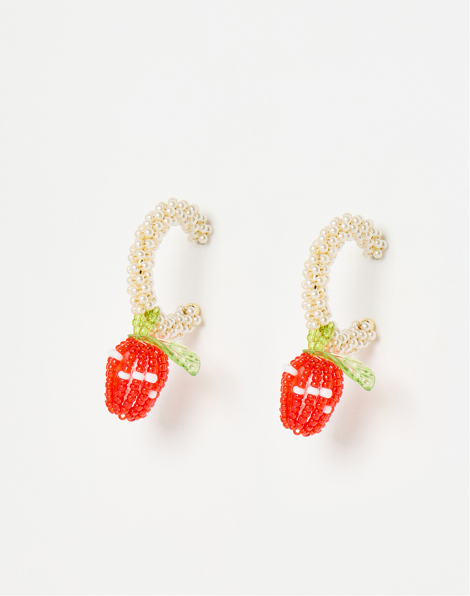 Shelby Strawberry Beaded Charm Drop Hoop Earrings